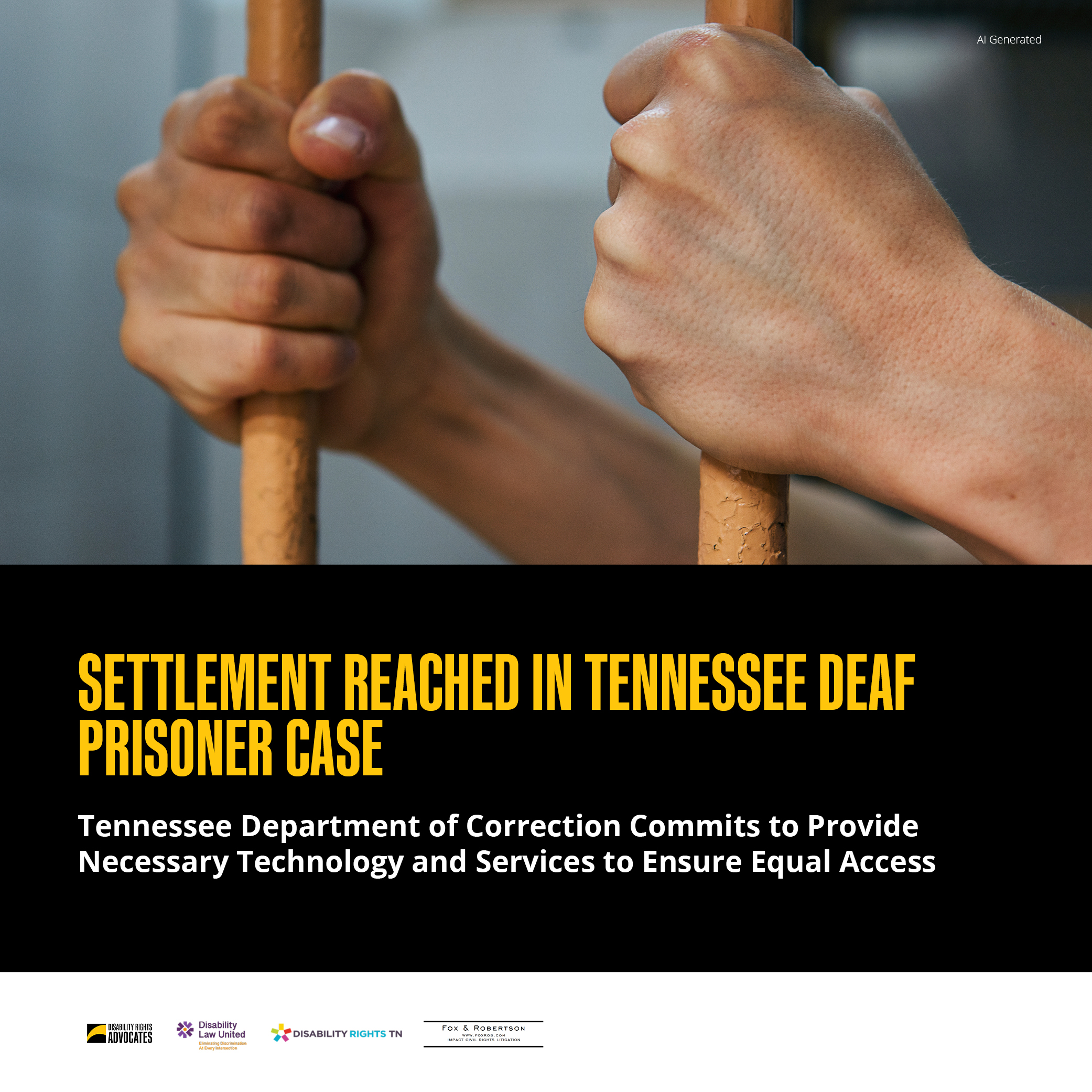 Two hands gripping prison bars. The image contains a text box with a headline about a settlement in a Tennessee deaf prisoner case. The Tennessee Department of Correction commits to providing necessary technology and services for equal access.